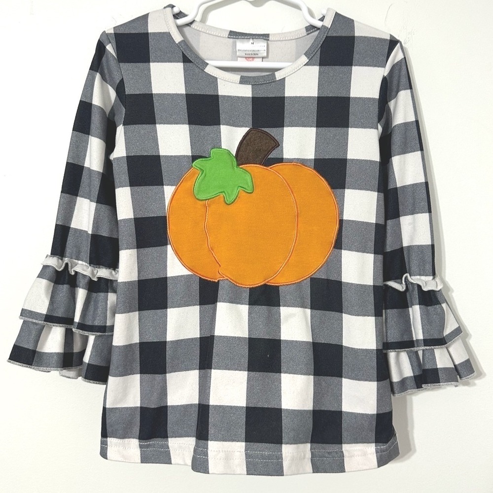 BMG Girls Buffalo Plaid Pumpkin Applique Ruffle Bell Sleeve Top Black White M